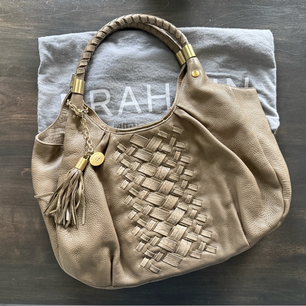 RARE Brahmin Dreamweaver Taupe Olive Woven Croco Pebble Leather Hobo Tote Bag